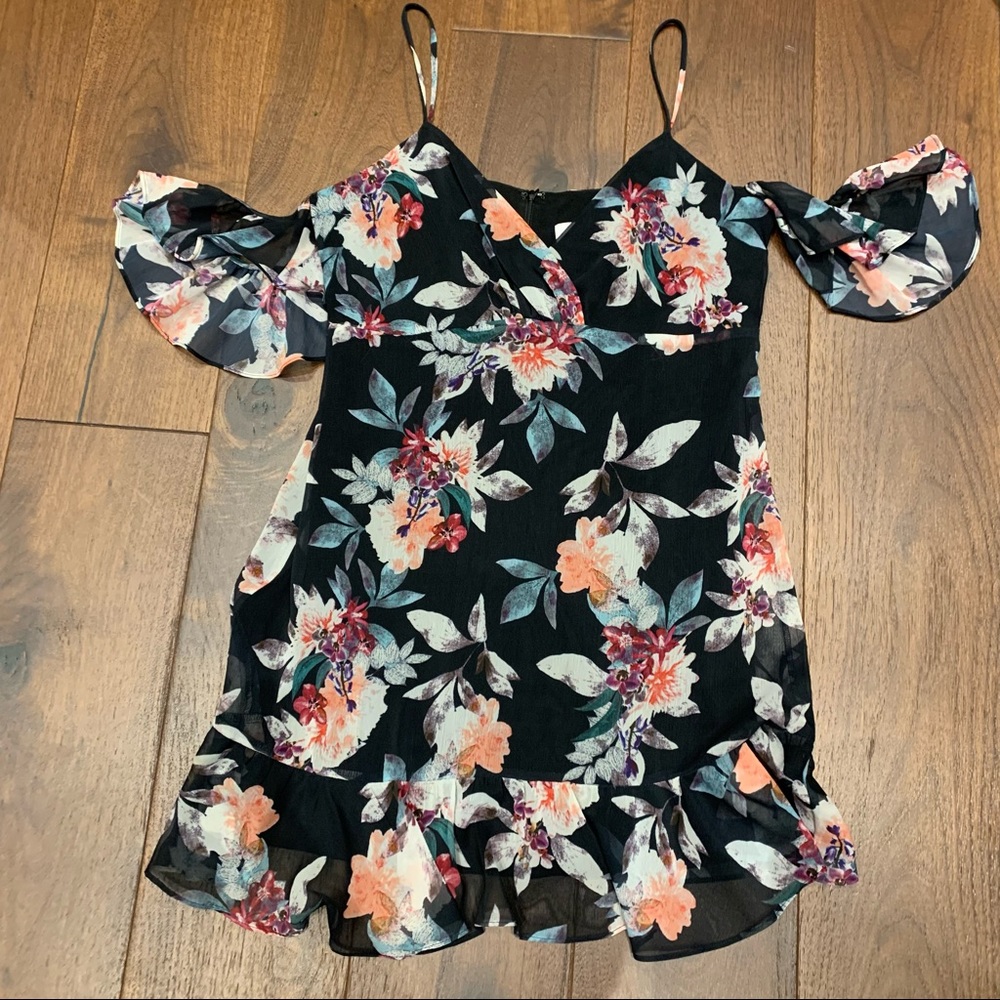 Scripted Floral Cold Shoulder Dress
